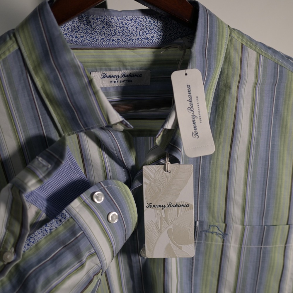 Tommy Bahama Del Coco Stripe Pima Cotton Shirt Mens XL Blue Green T220491 NEW